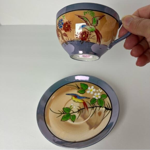 Vintage Chikaramachi Lavender & Peach Bird Floral Hand Painted Teacup Saucer Set - Picture 8 of 15